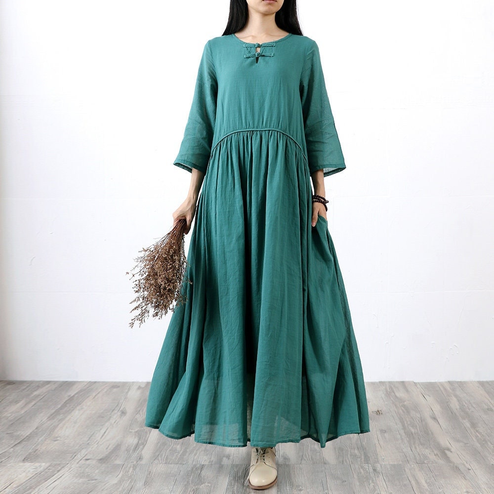 Women Cotton 3/4 Sleeves Dress Soft Casual Loose Dress Tunics Cotton Robes Maxi Dresses Customized Dress Plus Size Clothing Linen Dress
