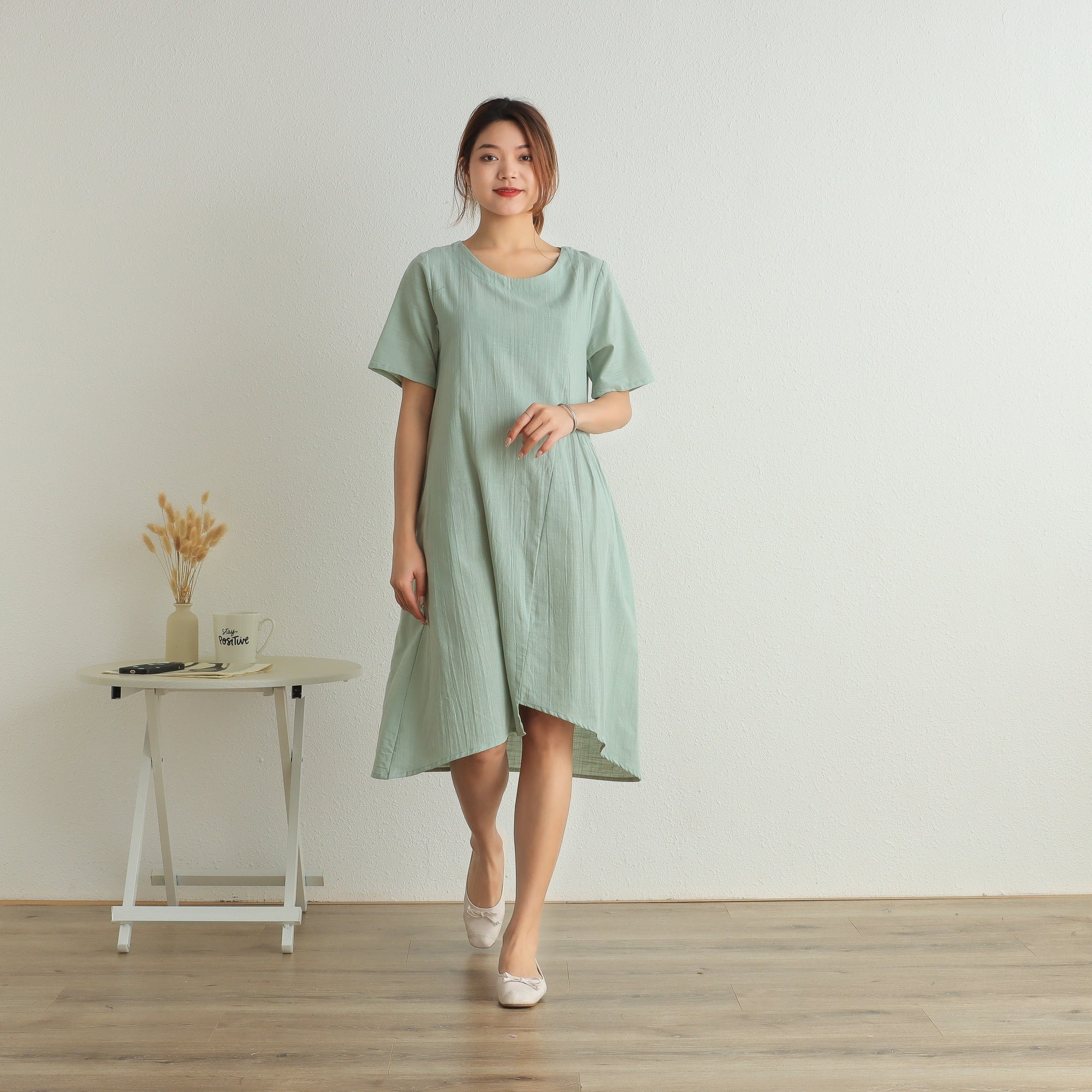 Summer Short Sleeves Dress Soft Casual Loose Dress Tunics Cotton Robes Knee Dresses Customized Dress Plus Size Clothing Linen Dress Dress