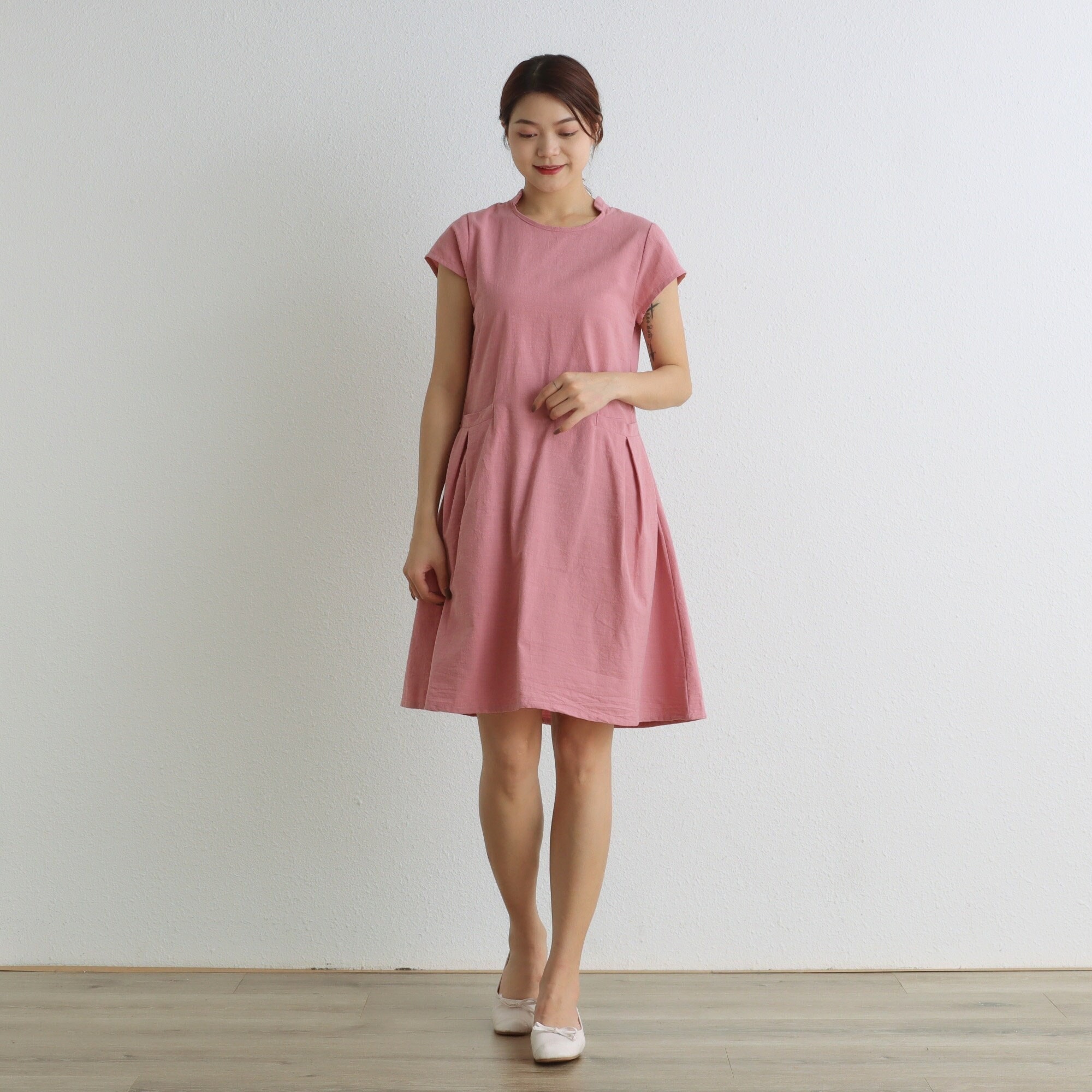 Summer Dress Short Sleeves Dress Casual Loose Dress Tunics Cotton Tunics Shift Knee Dresses Customized Dress Plus Size Linen Dress Dress