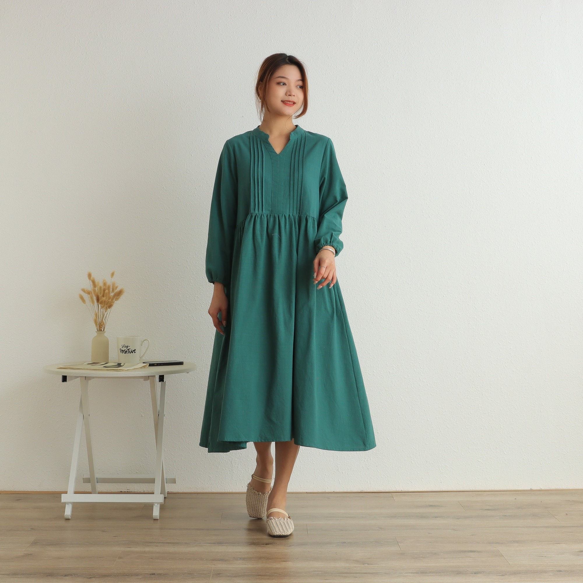 Cotton Dress Casual Loose Robes Long Sleeves Shift Dress Boho A-line Midi Retro Dresses Customized Dress Plus Size Clothing Linen Dress