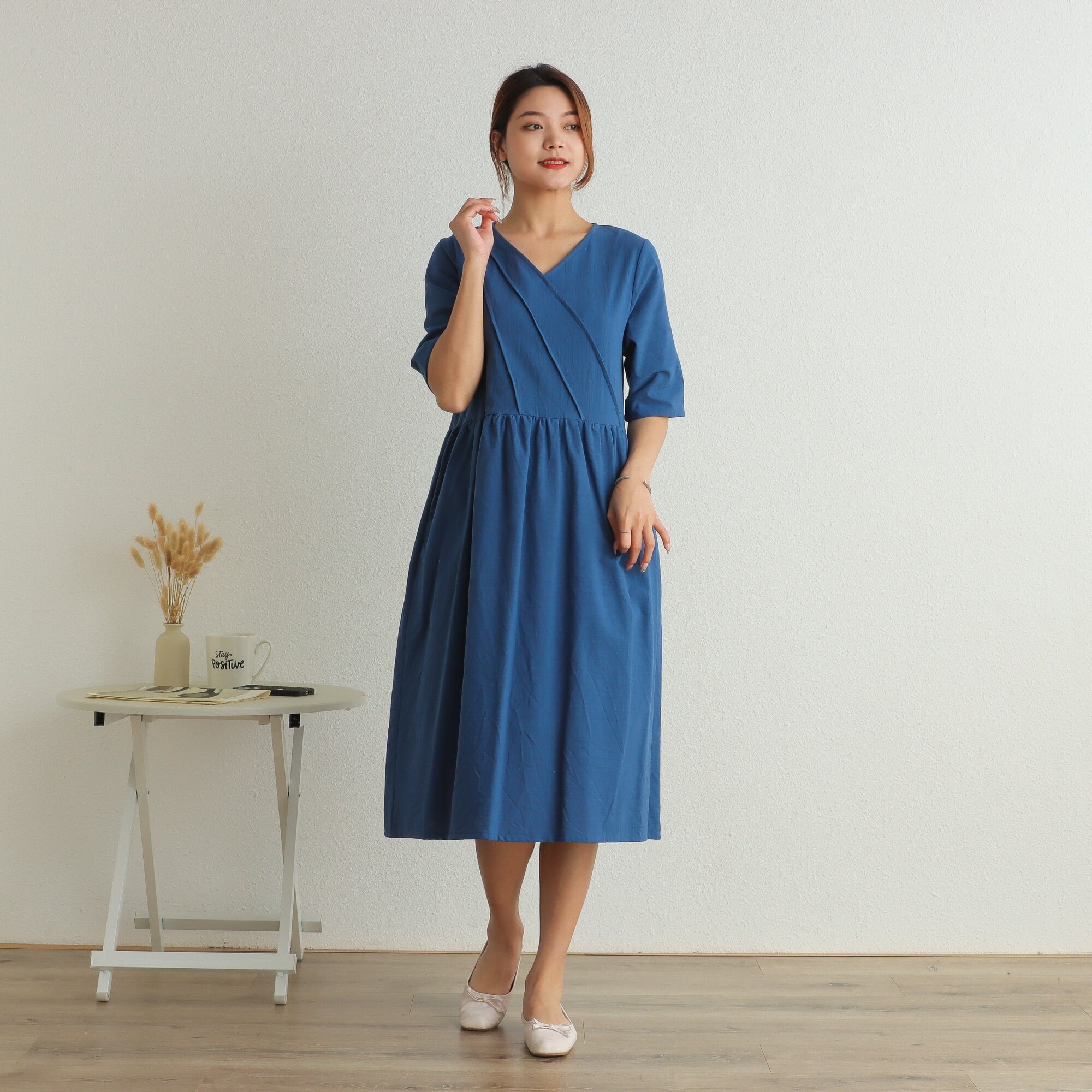 Summer Dress Half Sleeves Dress Casual Loose Dress V-neck Tunics Cotton Robes Midi Dresses Customized Dress Plus Size Clothing Linen Dress