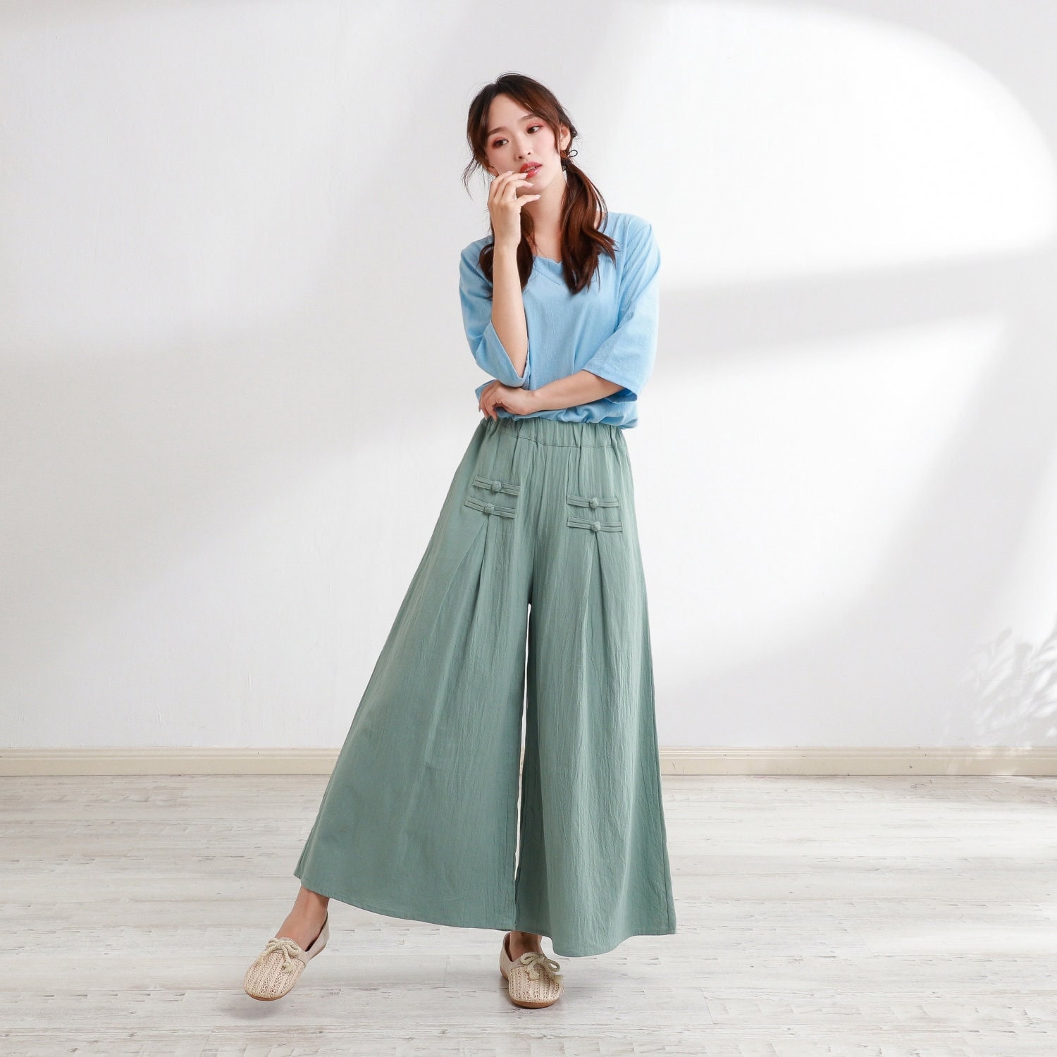 Women Elastic Waist Cotton Pants Soft Casual Loose Large Size Boho Trousers Wide Leg Pant Customized Plus Size Pants Linen Pant