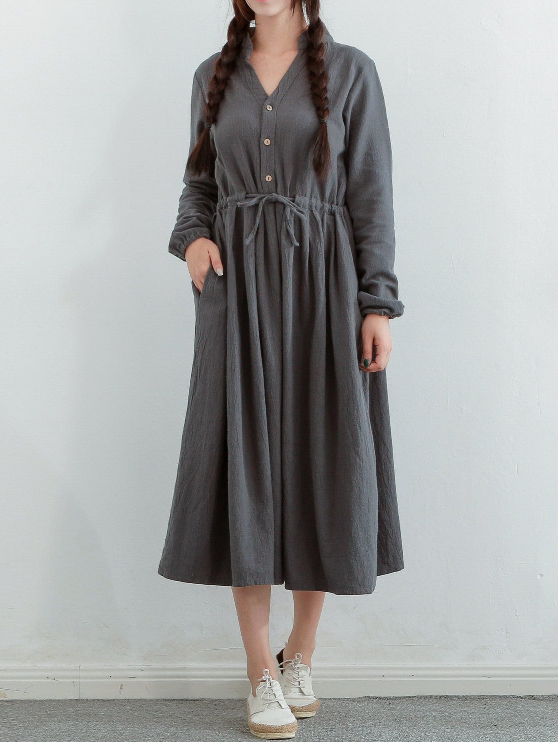 Clearance Dress Winter/Fall Heavier Cotton Dress Long Sleeve Shirt dress Warm Dress Linen