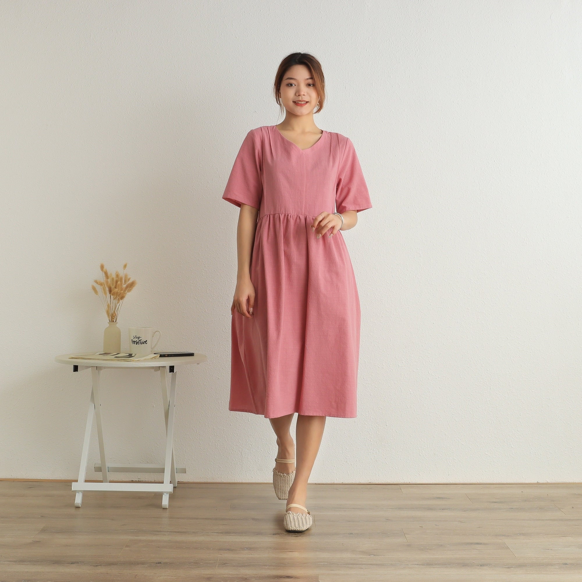 Summer Dress Short Sleeves Dress Shirt Casual Loose Dress Tunics Cotton Robes Knee Dresses Customized Dress Plus Size Clothing Linen Dress