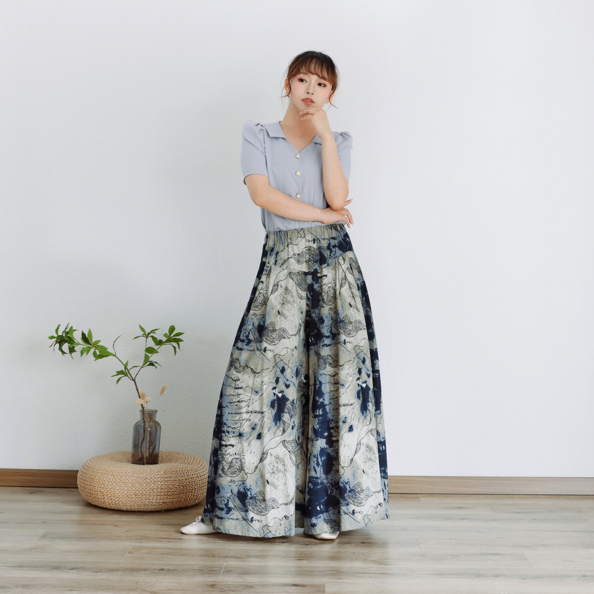 Printed Summer Skirt Pant Women Elastic Waist Pant Floral Cotton Skirt Pant Soft Casual Loose Boho Skirt Pant Customize Plus Size Linen Pant
