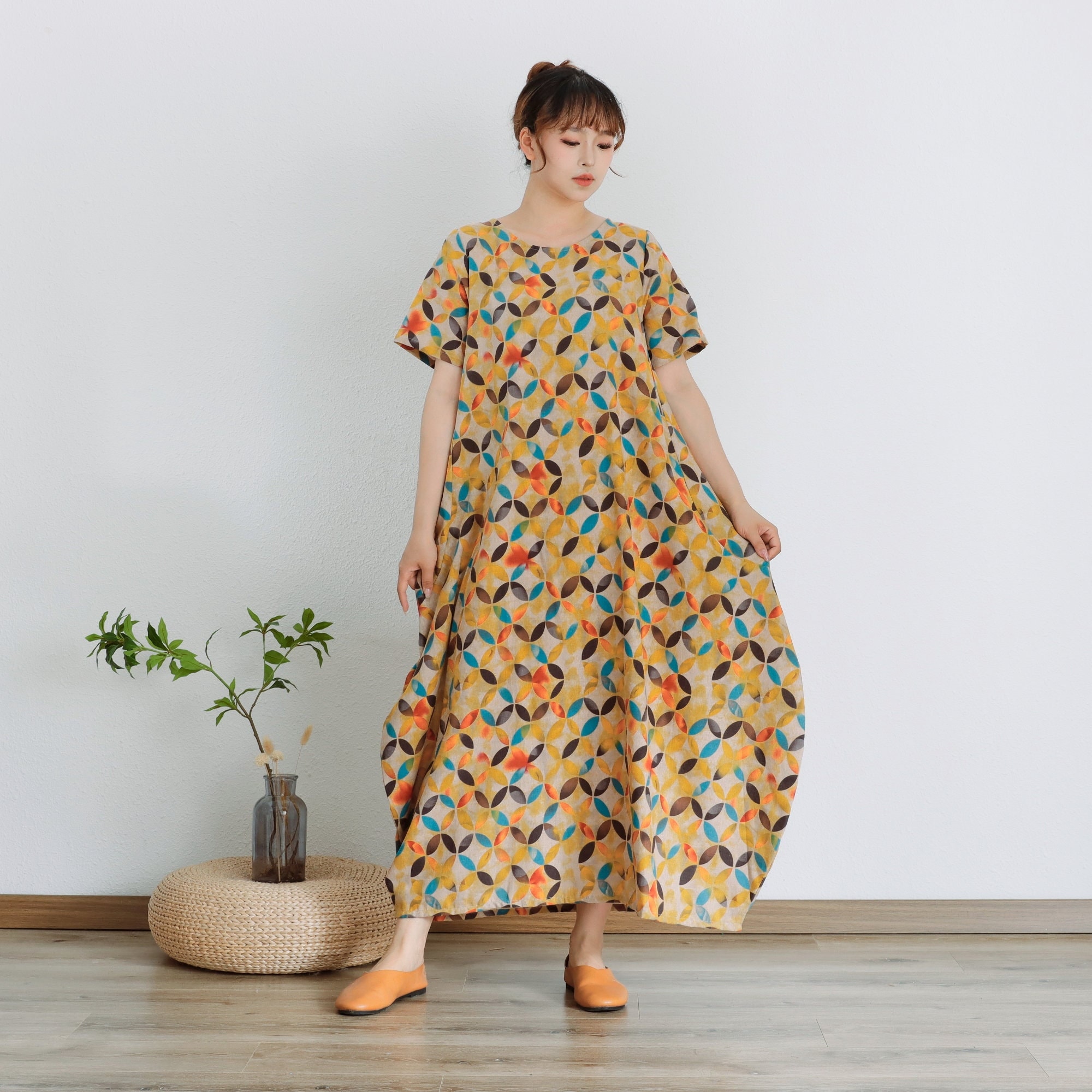 Printed Summer Dress Cotton Dress Floral Robes Short sleeve Shift Dress Boho Maxi Retro Customized Dress Plus Size Loose Roomy Linen Dress
