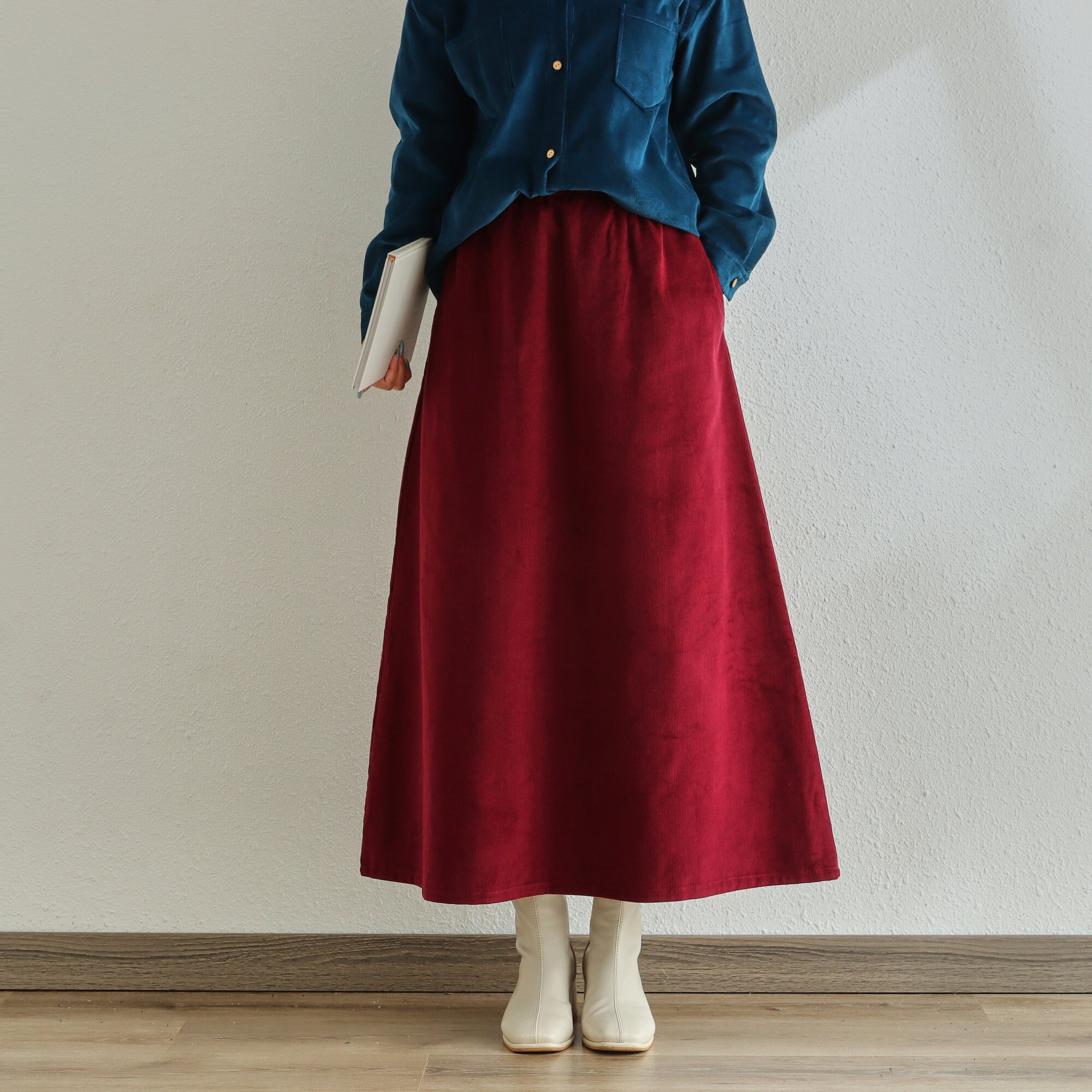 Cotton Corduroy Skirt Elastic Waist Skirts Womens Soft Warm Skirts baggy Skirts Casual Looae Skirt Fall Winter Skirt Retro Wide Long Skirt