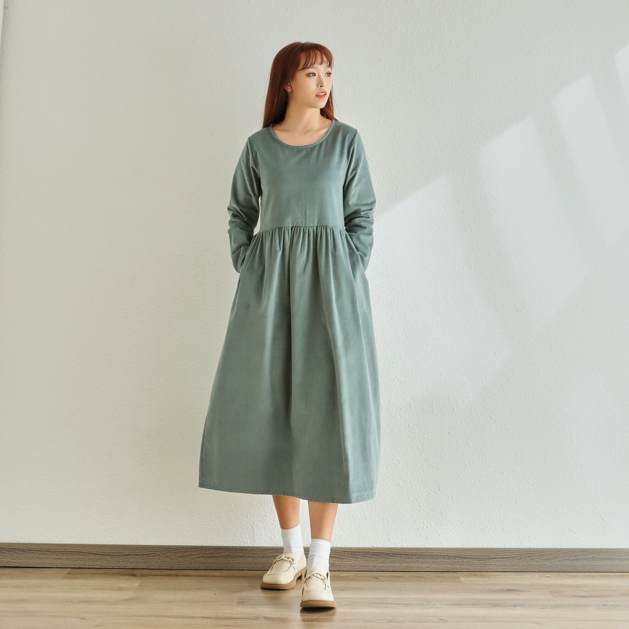 Winter/Fall Dress Cotton Corduroy Dress Long Sleeves Tunics Dress Loose Warm Dress Customized Midi Dress Hand Made Plus Size Corduroy Robe