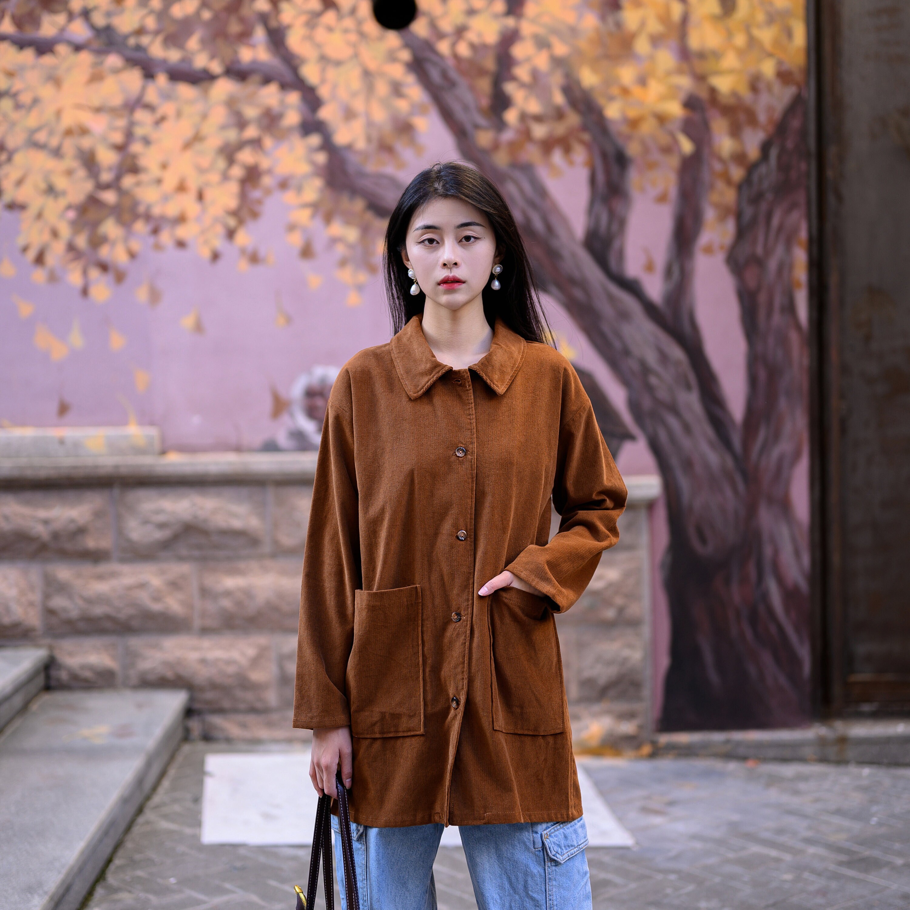 Winter/Fall Cotton Corduroy Tops Long Sleeves Buttons Blouse Casual Loose Kimono Customized Shirt Coat Hand Made Plus Size Corduroy Jacket